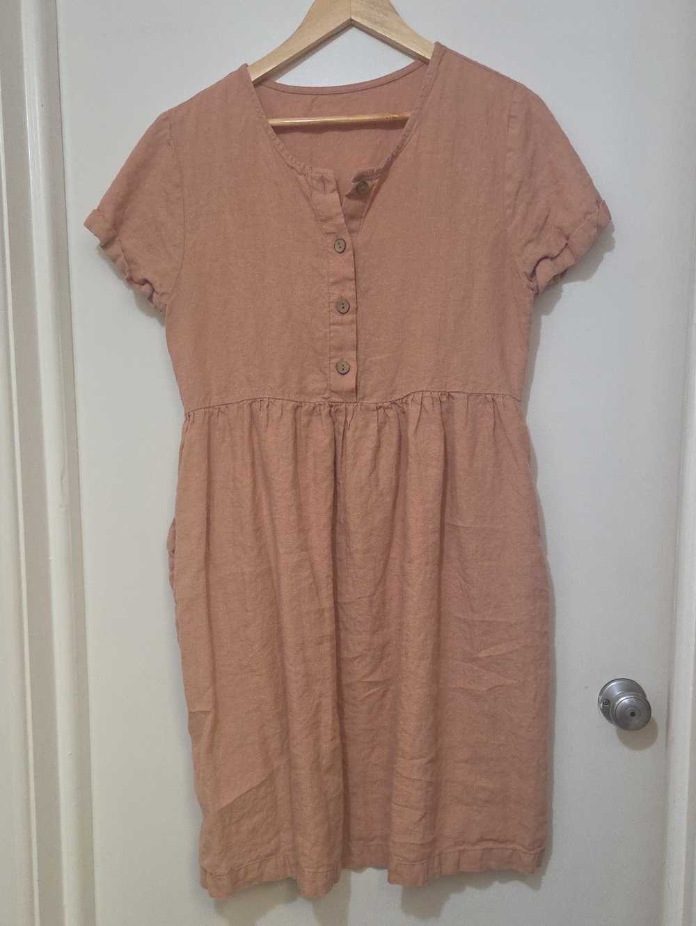 Women's 100% Linen Mauve Short-Sleeve Button Front Dress